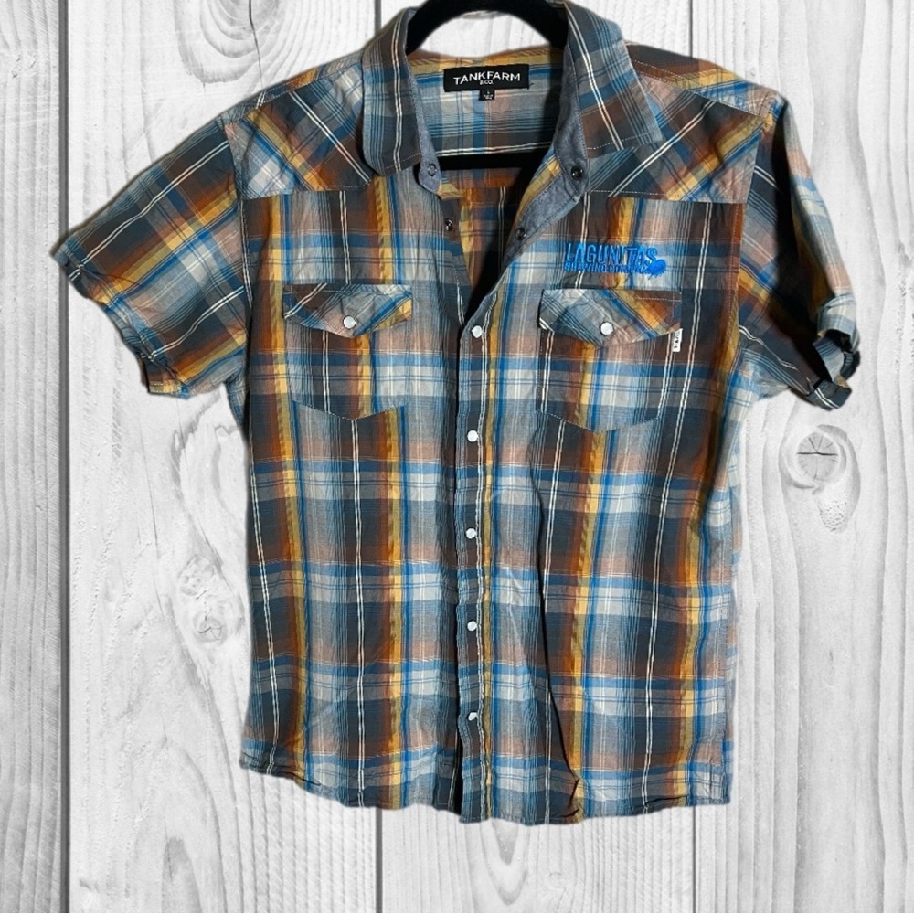 Tank farm & Co Men's Plaid Shirt - Blue and Orange size large